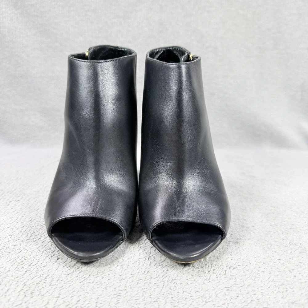 Burberry Womens 39 Black Leather Gold Zip Peep Toe Stiletto Ankle Bootie Italy
